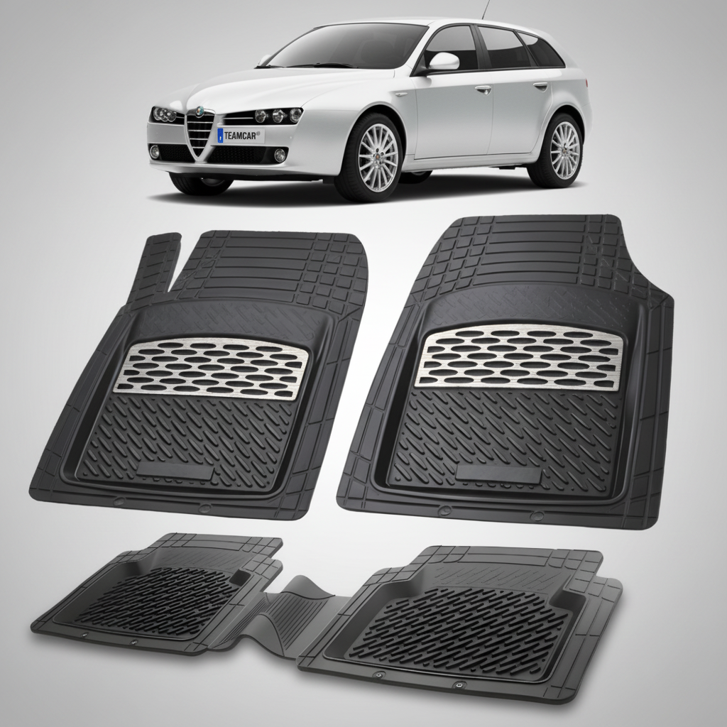 set de covorase din cauciuc negre cu accente gri cu o alfa romeo 159 sportwagon argintie in fundal