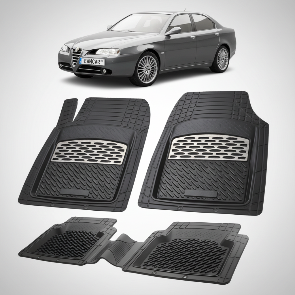 set de covorase din cauciuc negre cu accente gri cu o alfa romeo 166 sedan gri in fundal