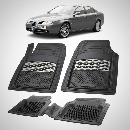 set de covorase din cauciuc negre cu accente gri cu o alfa romeo 166 sedan gri in fundal