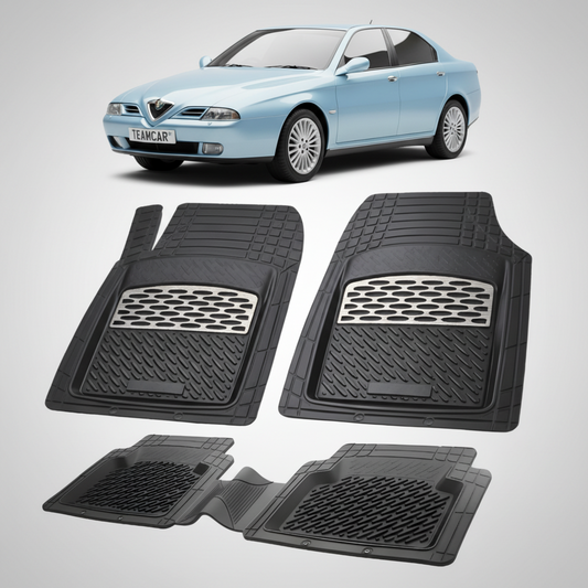 set de covorase din cauciuc negre cu accente gri cu o alfa romeo 166 sedan albastru deschis in fundal