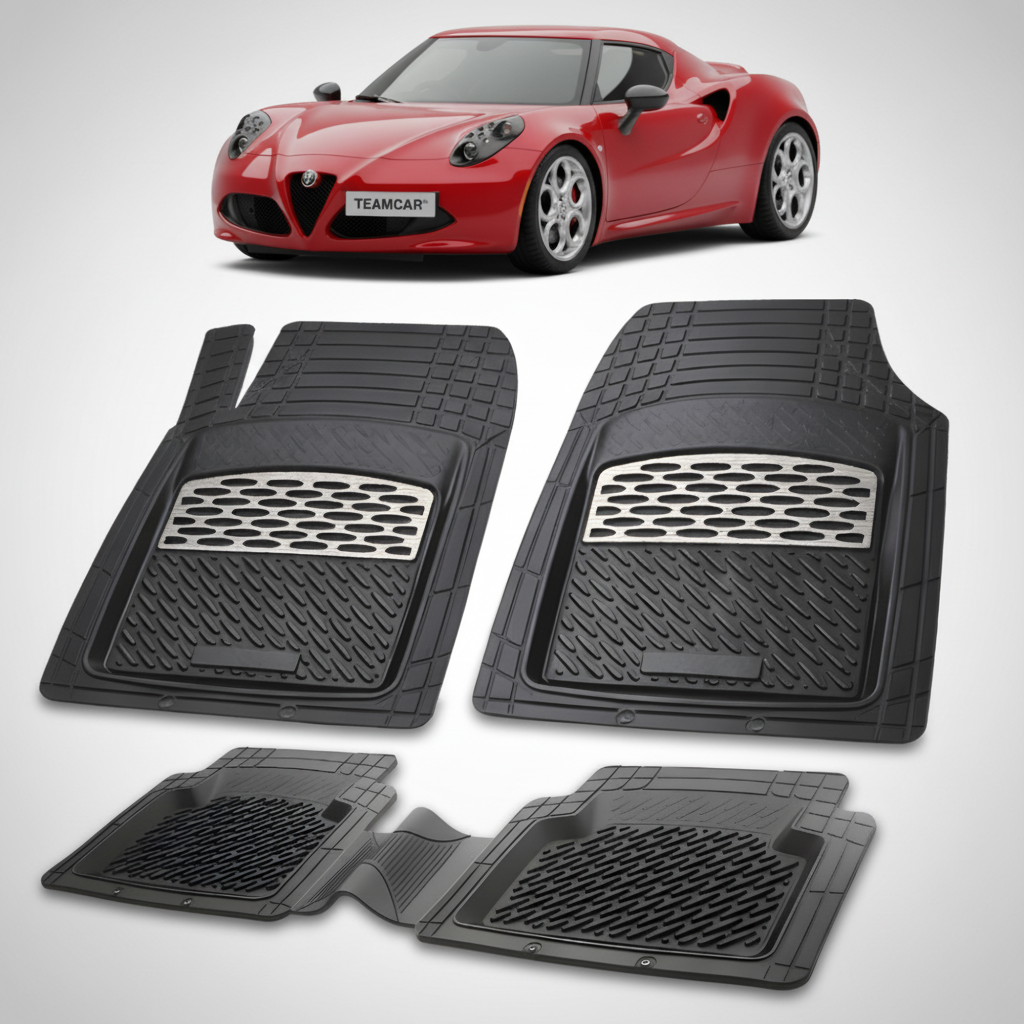 set de covorase din cauciuc negre cu accente gri cu o alfa romeo 4c coupe rosu in fundal
