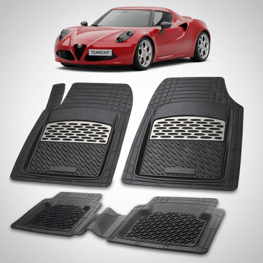 set de covorase din cauciuc negre cu accente gri cu o alfa romeo 4c coupe rosu in fundal