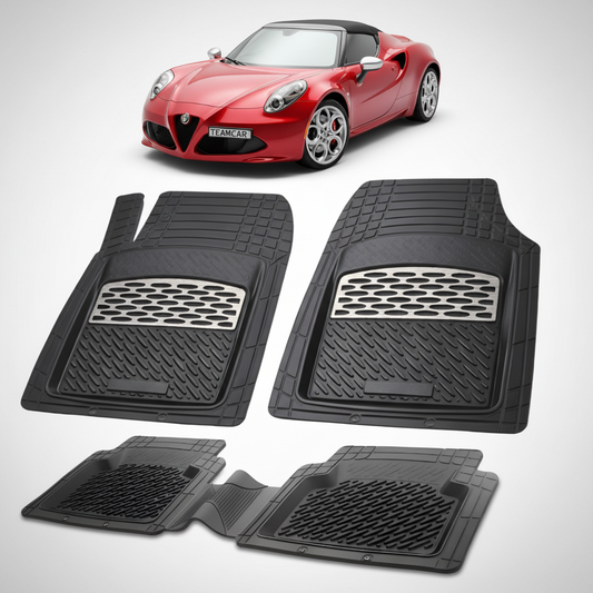 set de covorase din cauciuc negre cu accente gri cu o alfa romeo 4c spider rosu in fundal