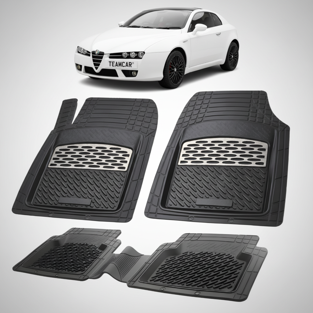 set de covorase din cauciuc negre cu accente gri cu o alfa romeo brera coupe alba in fundal