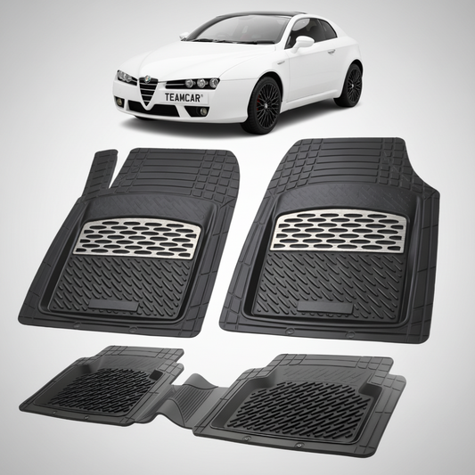 set de covorase din cauciuc negre cu accente gri cu o alfa romeo brera coupe alba in fundal