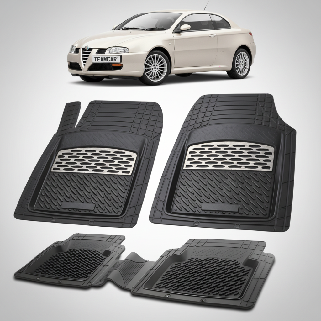 set de covorase din cauciuc negre cu accente gri cu o alfa romeo gt coupe bej in fundal