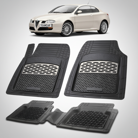 set de covorase din cauciuc negre cu accente gri cu o alfa romeo gt coupe bej in fundal