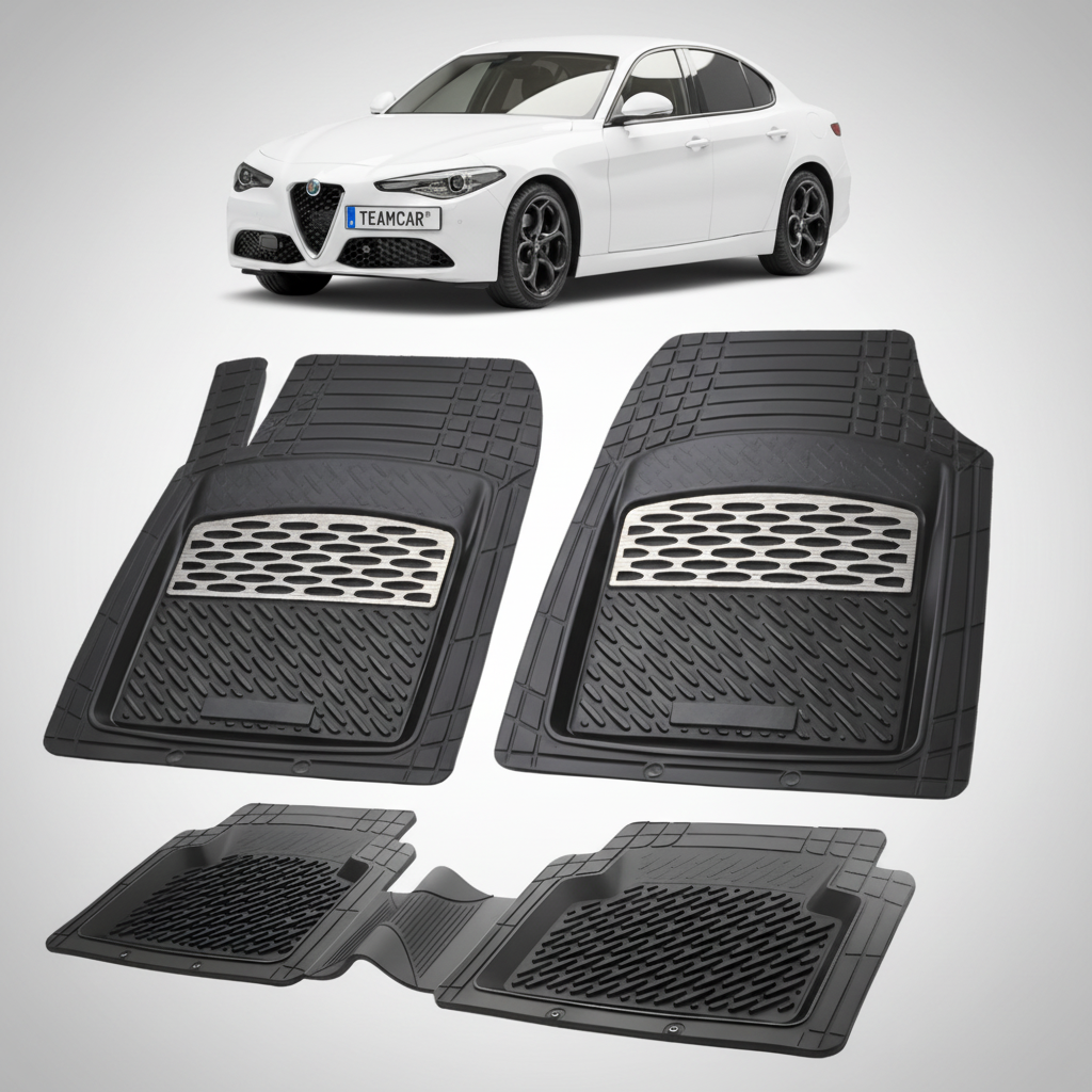 set de covorase din cauciuc negre cu accente gri cu o alfa romeo giulia alba in fundal
