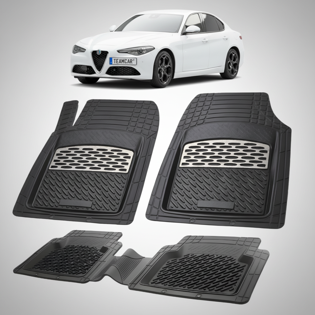set de covorase din cauciuc negre cu accente gri cu o alfa romeo giulia sedan alba in fundal