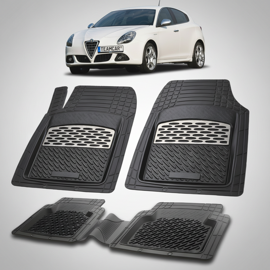 set de covorase din cauciuc negre cu accente gri cu o alfa romeo giulietta alba in fundal