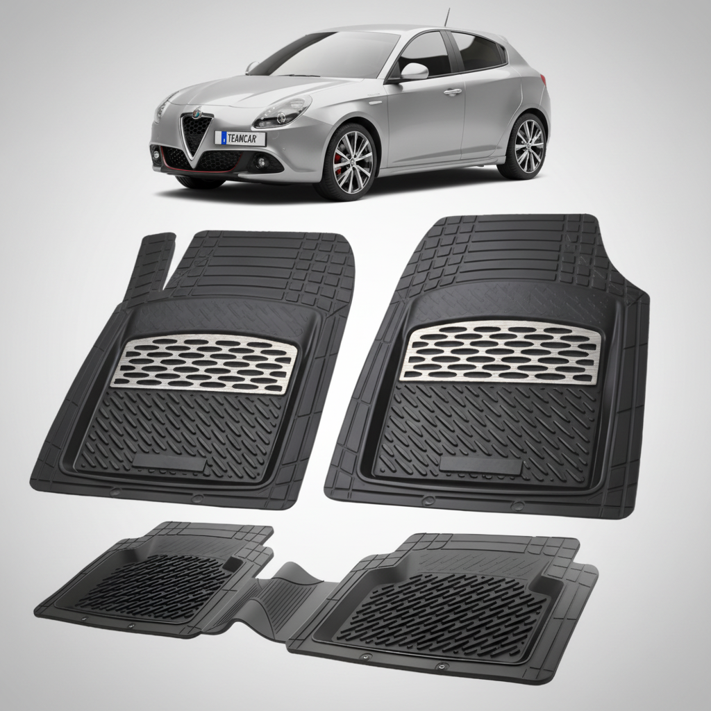 set de covorase din cauciuc negre cu accente gri cu o alfa romeo giulietta hatchback gri in fundal