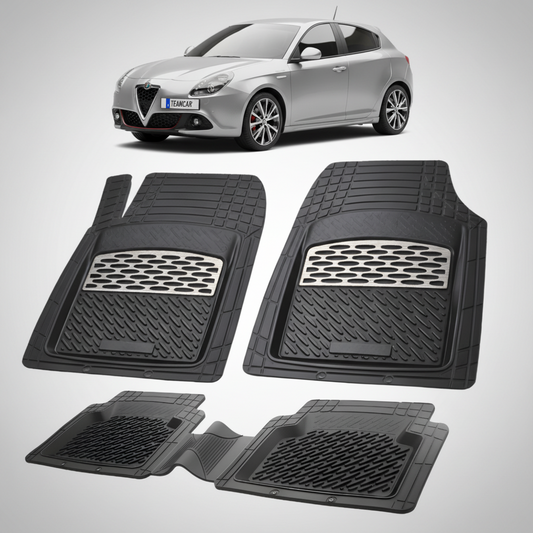set de covorase din cauciuc negre cu accente gri cu o alfa romeo giulietta hatchback gri in fundal