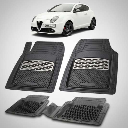 set de covorase din cauciuc negre cu accente gri cu o alfa romeo mito hatchback alba in fundal