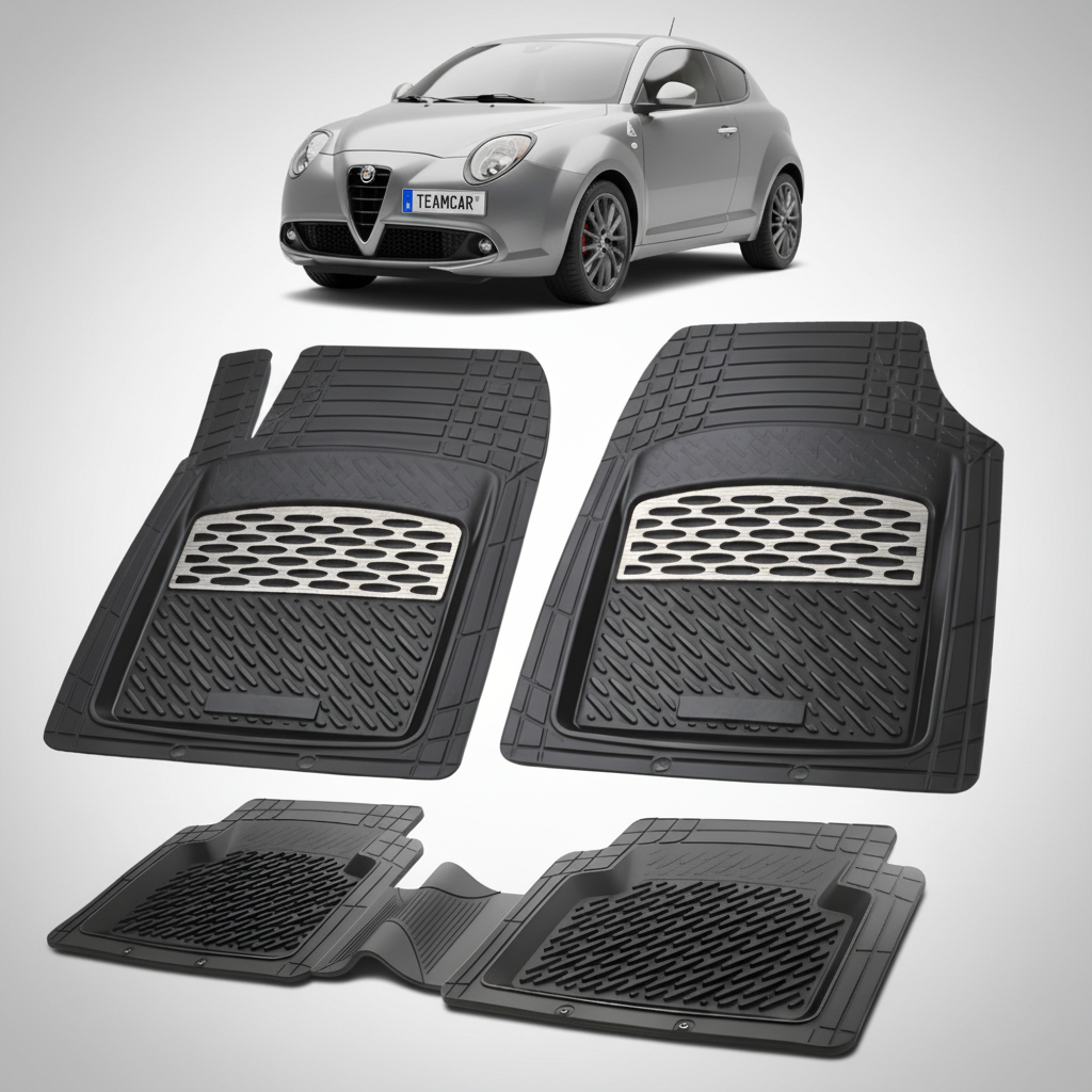 set de covorase din cauciuc negre cu accente gri cu o alfa romeo mito hatchback gri in fundal