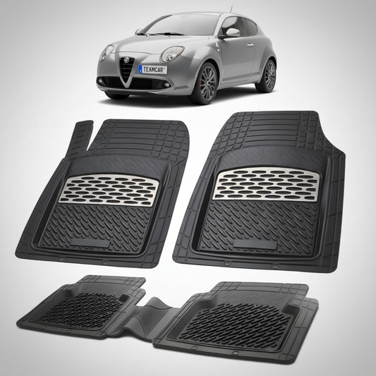 set de covorase din cauciuc negre cu accente gri cu o alfa romeo mito hatchback gri in fundal