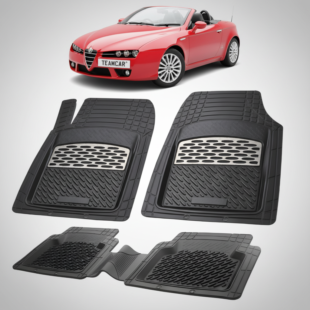 set de covorase din cauciuc negre cu accente gri cu o alfa romeo spider cabrio rosie in fundal