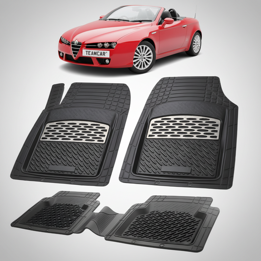 set de covorase din cauciuc negre cu accente gri cu o alfa romeo spider cabrio rosie in fundal