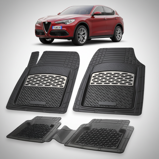 set de covorase din cauciuc negre cu accente gri cu o alfa romeo stelvio rosie in fundal