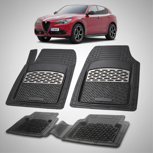 set de covorase din cauciuc negre cu accente gri cu o alfa romeo stelvio suv rosie in fundal