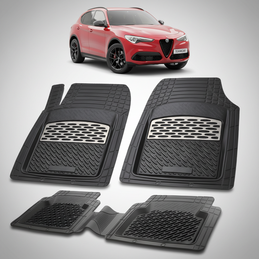 set de covorase din cauciuc negre cu accente gri cu o alfa romeo stelvio suv rosie in fundal
