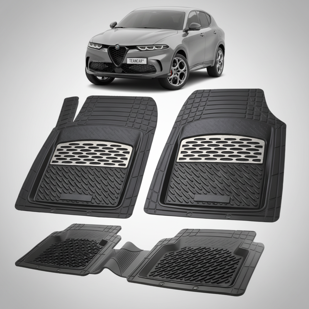 set de covorase din cauciuc negre cu accente gri cu o alfa romeo tonale gri in fundal
