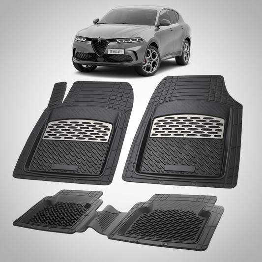 set de covorase din cauciuc negre cu accente gri cu o alfa romeo tonale gri in fundal