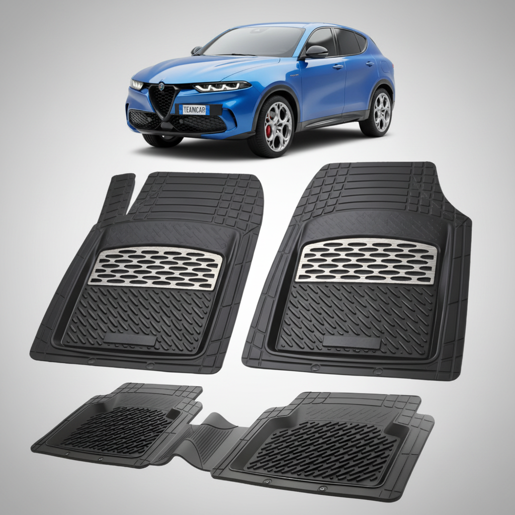 Szürke díszítésű fekete gumiszőnyegek, háttérben egy kék Alfa Romeo tonale SUV-val