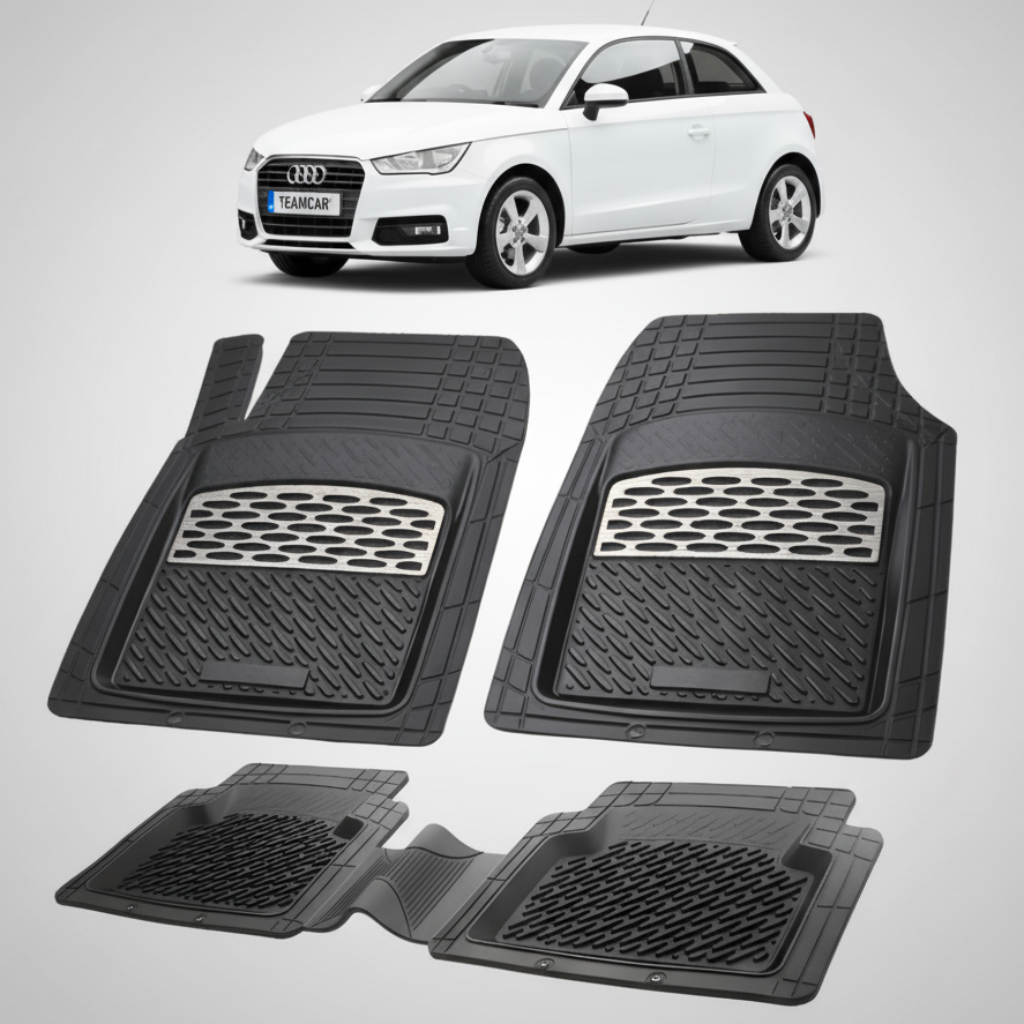 set de covorase din cauciuc negre cu accente gri cu un audi a1 8x hatchback  3 usi alb in fundal