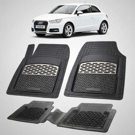 set de covorase din cauciuc negre cu accente gri cu un audi a1 8x hatchback  3 usi alb in fundal