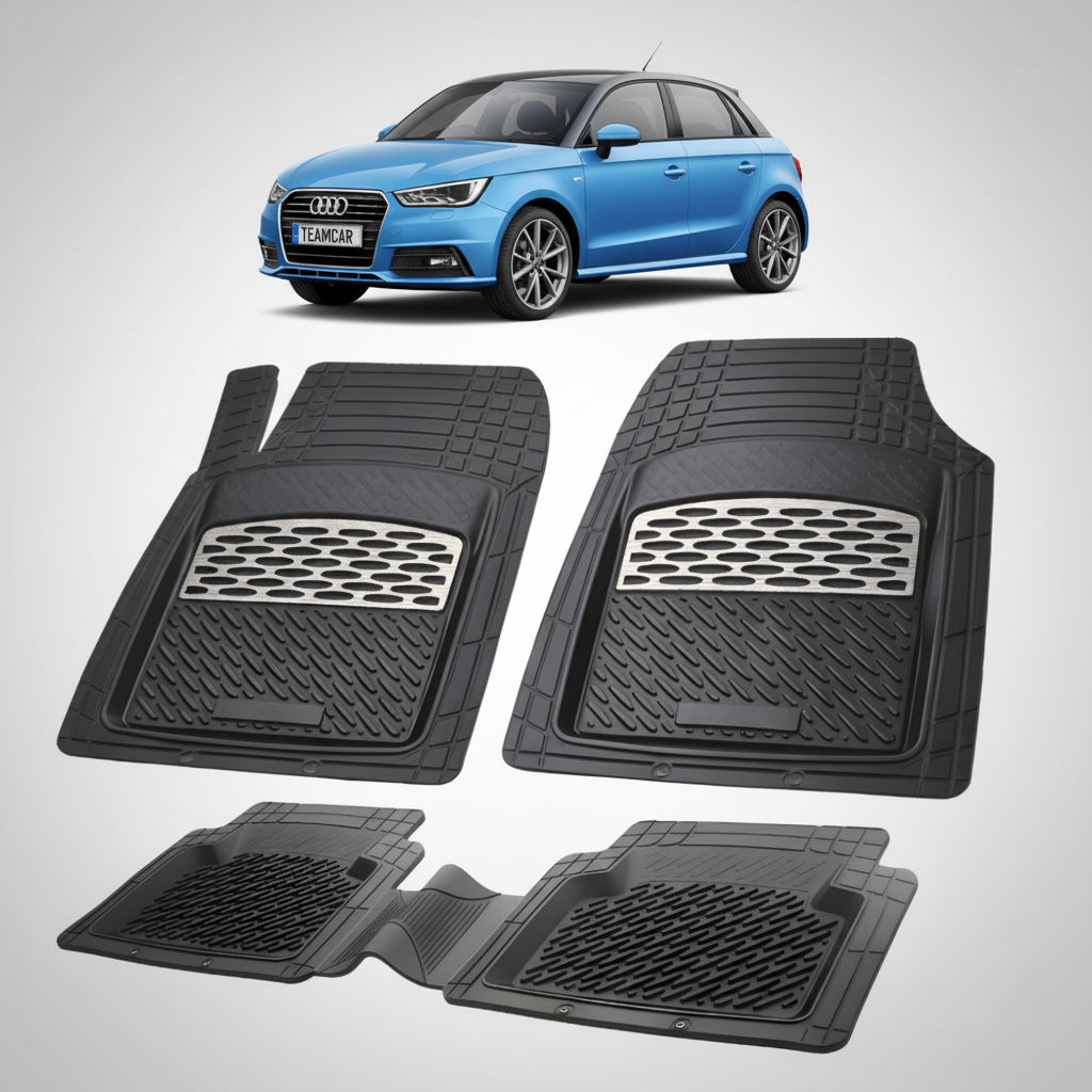 set de covorase din cauciuc negre cu accente gri cu un audi a1 8x hatchback  5 usi albastru in fundal