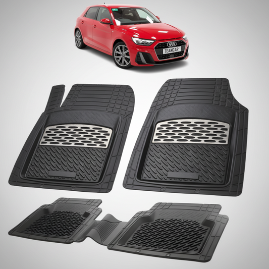 set de covorase din cauciuc negre cu accente gri cu un audi a1 gb hatchback  5 usi rosu in fundal