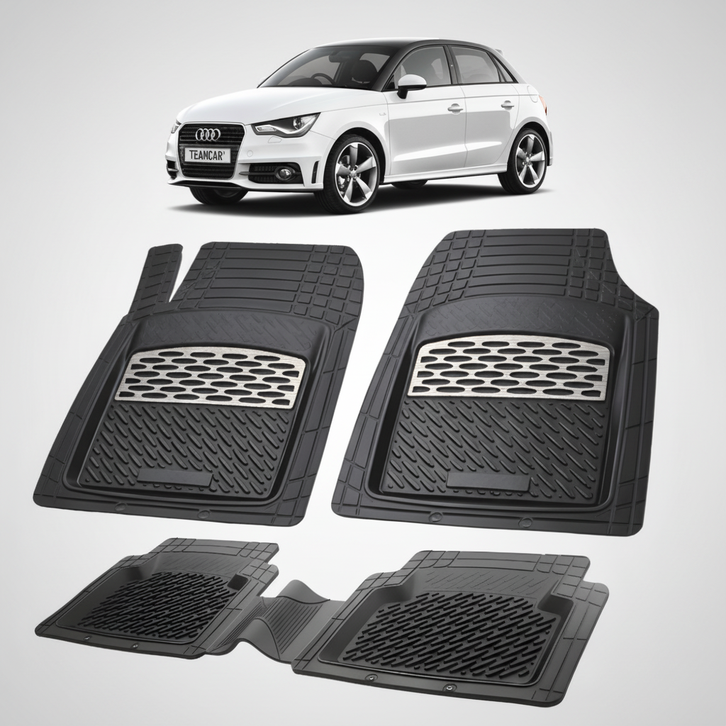 set de covorase din cauciuc negre cu accente gri cu un audi a1 alb in fundal