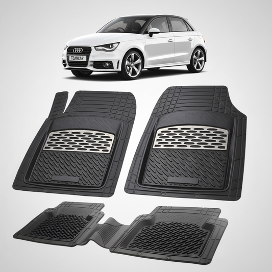 set de covorase din cauciuc negre cu accente gri cu un audi a1 alb in fundal