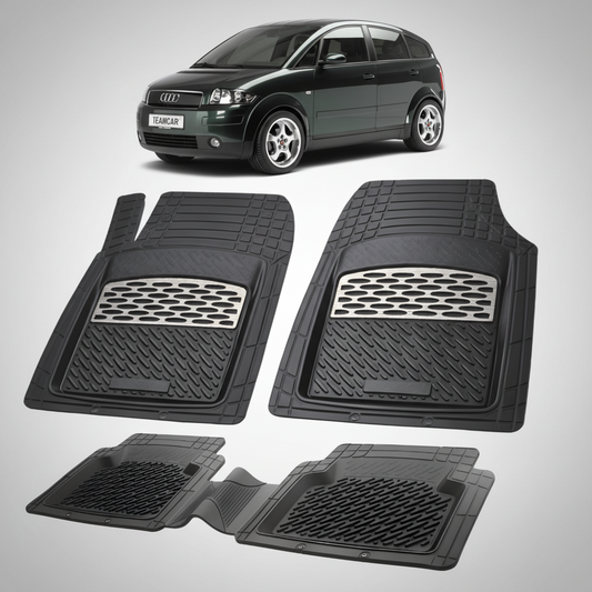 set de covorase din cauciuc negre cu accente gri cu un audi a2 negru in fundal