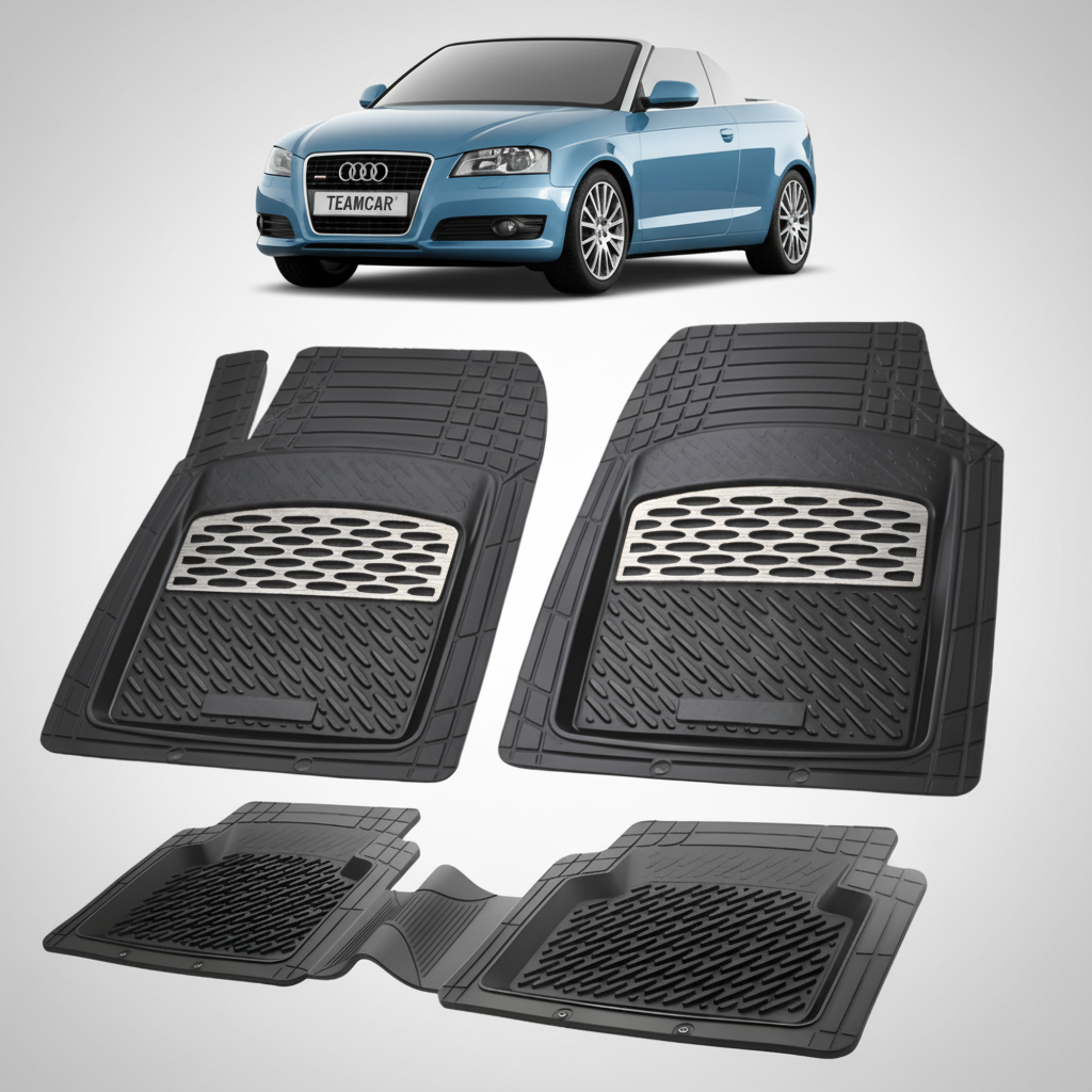 Fekete gumiszőnyegek szürke díszítéssel, háttérben egy kék Audi A3 8P Cabriolet modellel