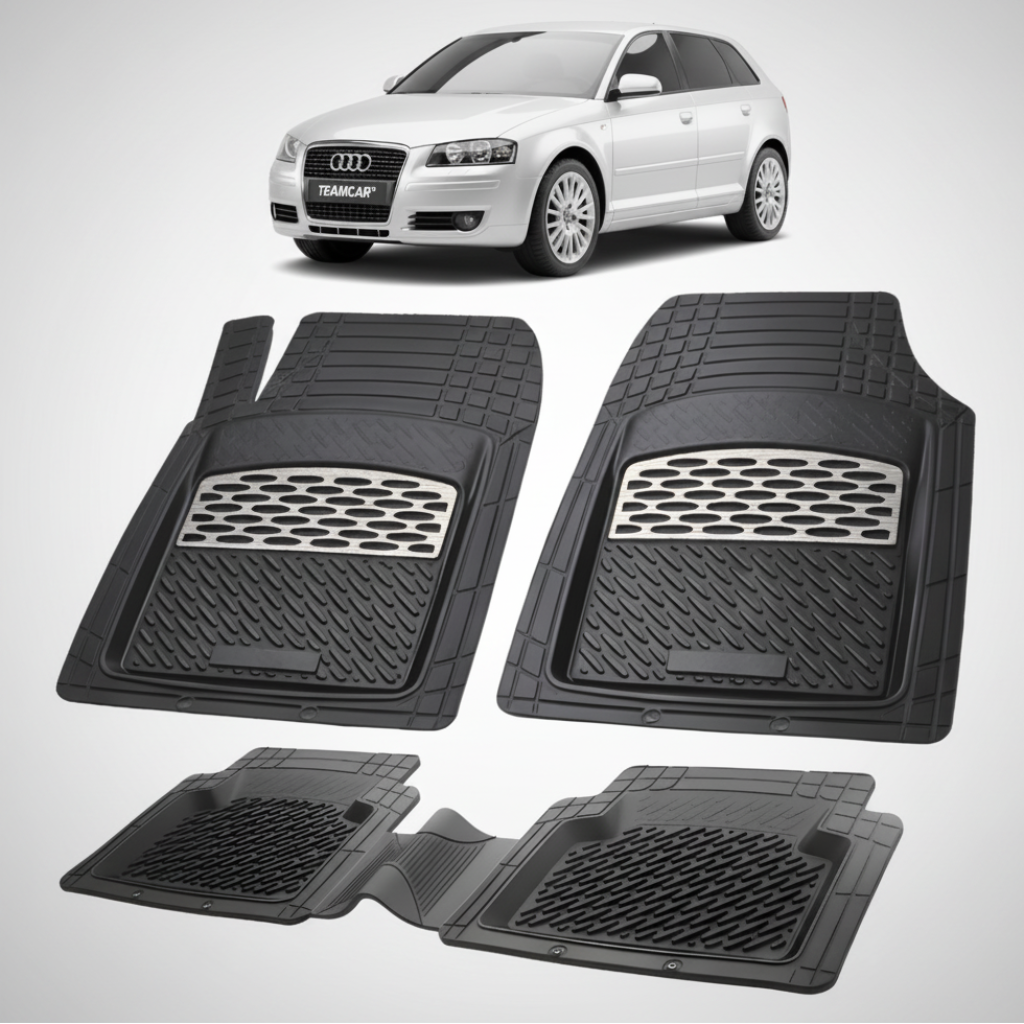 set de covorase din cauciuc negre cu accente gri cu un audi a3 8p argintiu in fundal