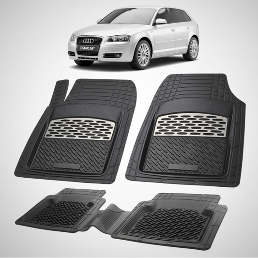 set de covorase din cauciuc negre cu accente gri cu un audi a3 8p argintiu in fundal