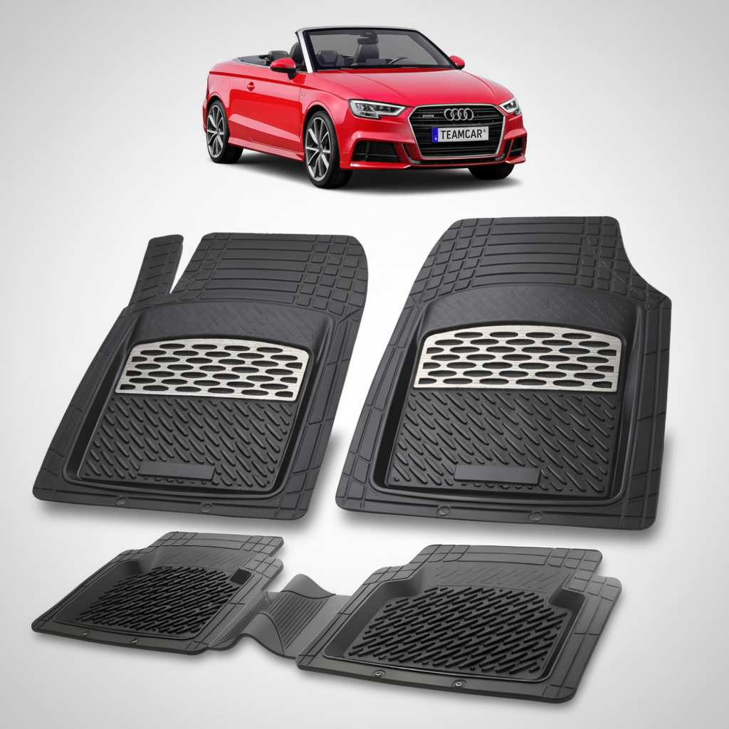 set de covorase din cauciuc negre cu accente gri cu un audi a3 8v cabriolet rosu in fundal