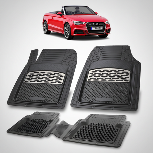 set de covorase din cauciuc negre cu accente gri cu un audi a3 8v cabriolet rosu in fundal