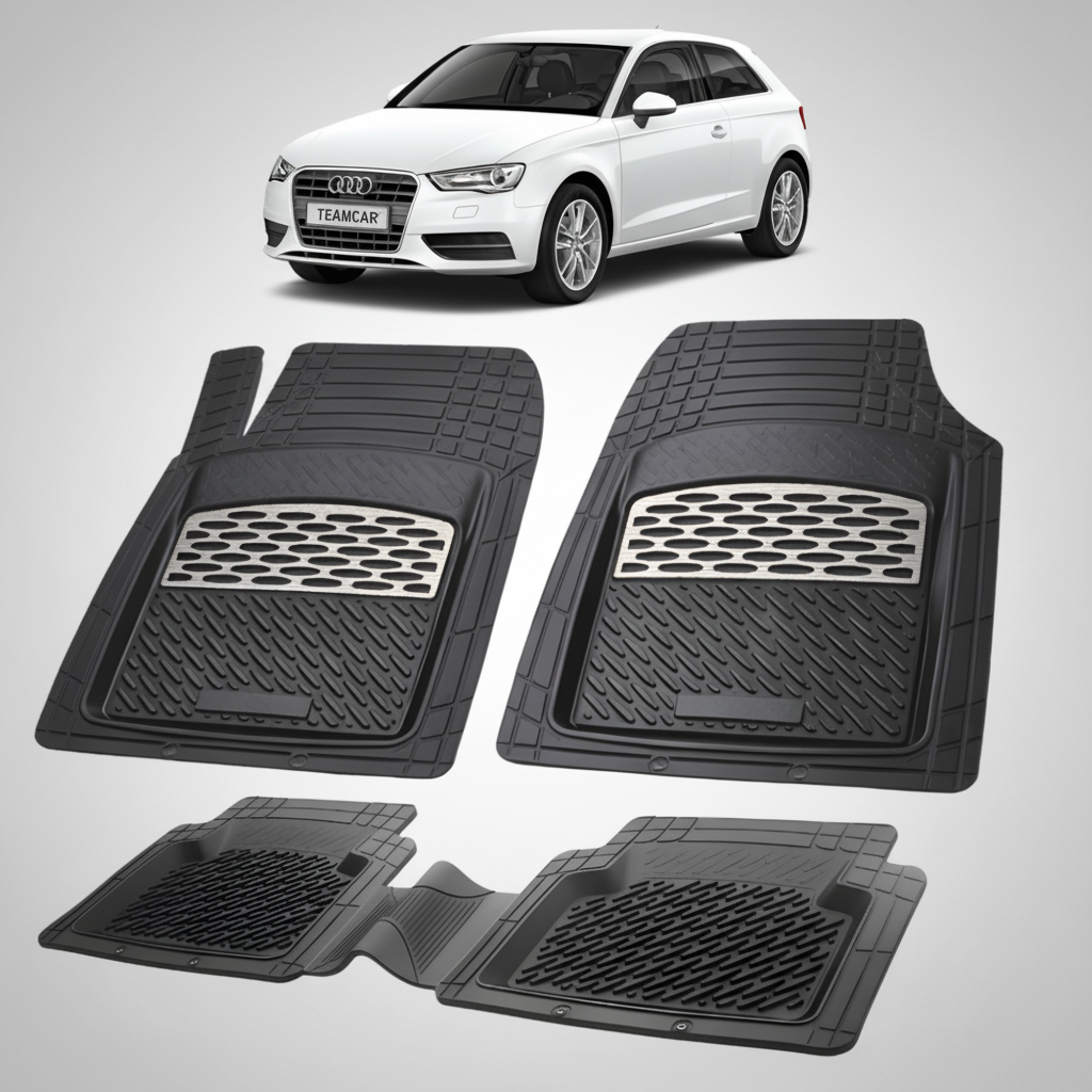 set de covorase din cauciuc negre cu accente gri cu un audi a3 8v hatchback 3 usi alb in fundal