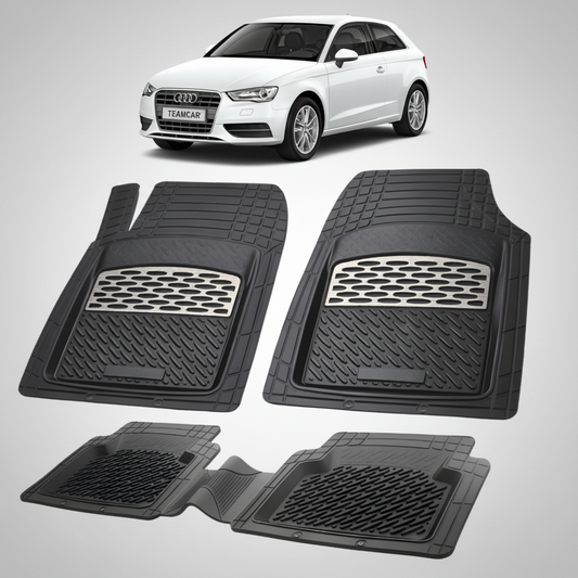 set de covorase din cauciuc negre cu accente gri cu un audi a3 8v hatchback 3 usi alb in fundal