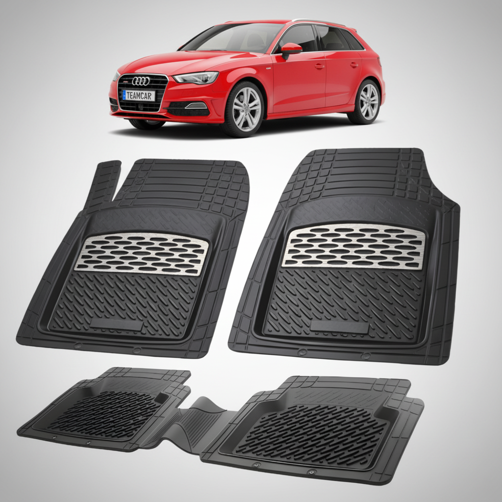 set de covorase din cauciuc negre cu accente gri cu un audi a3 8v hatchback 5 usi rosu in fundal