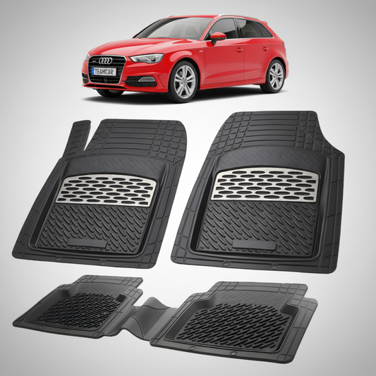 set de covorase din cauciuc negre cu accente gri cu un audi a3 8v hatchback 5 usi rosu in fundal