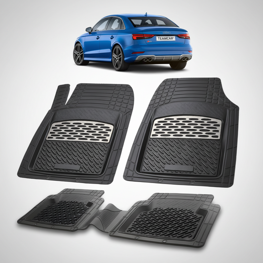 set de covorase din cauciuc negre cu accente gri cu un audi a3 8v sedan albastru in fundal