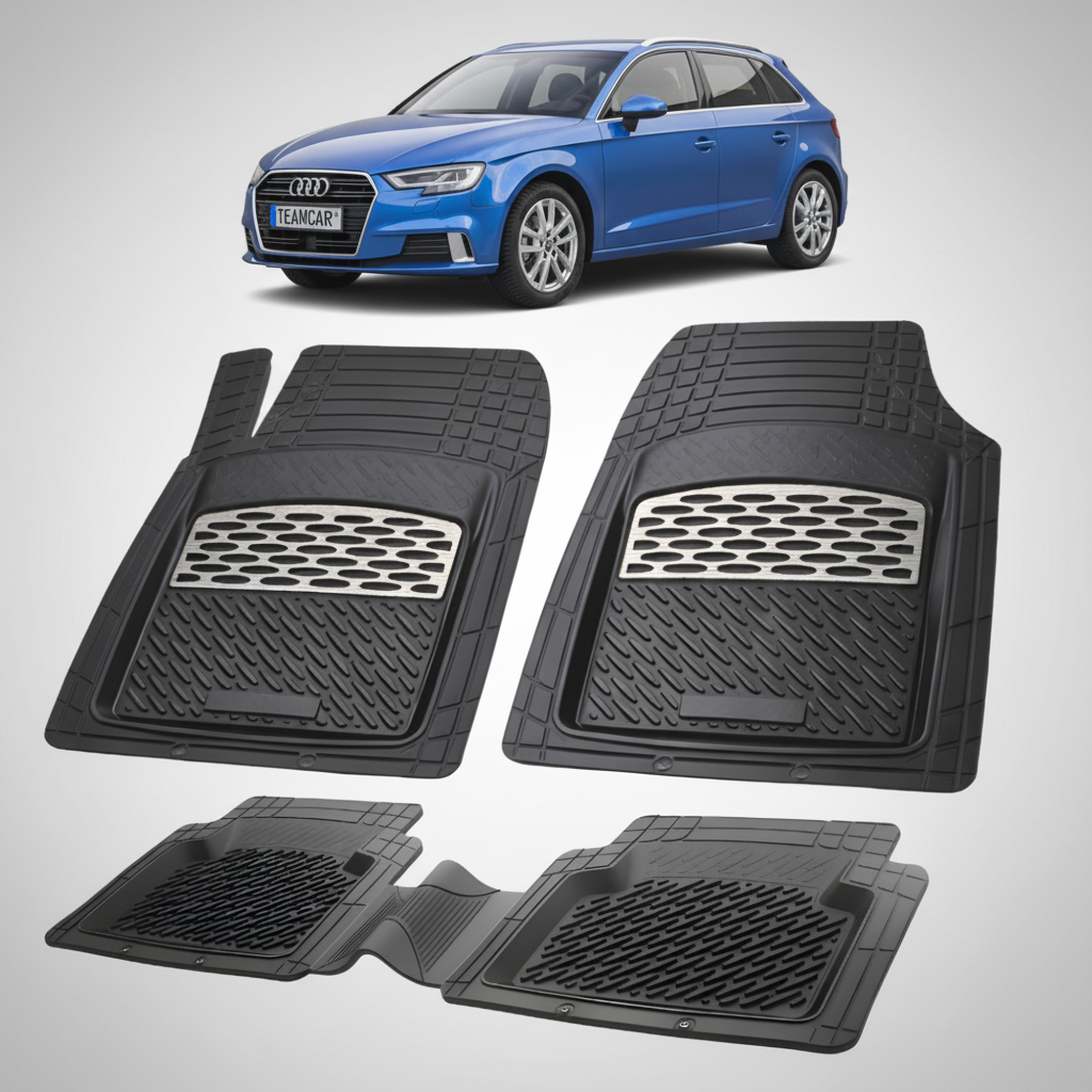 set de covorase din cauciuc negre cu accente gri cu un audi a3 8v albastru in fundal