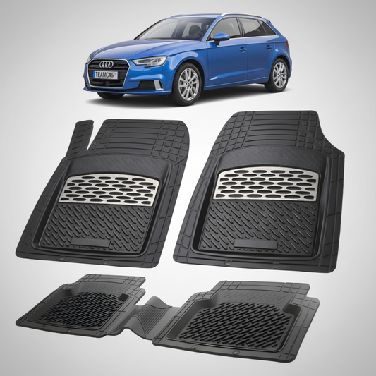 set de covorase din cauciuc negre cu accente gri cu un audi a3 8v albastru in fundal