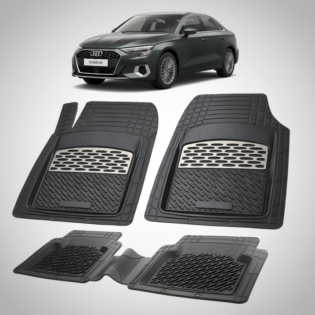 Fekete gumiszőnyegek szürke díszítéssel, a háttérben egy fekete Audi A3 8Y szedánnal