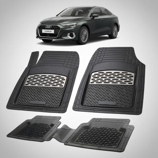 set de covorase din cauciuc negre cu accente gri cu un audi a3 8y sedan negru in fundal