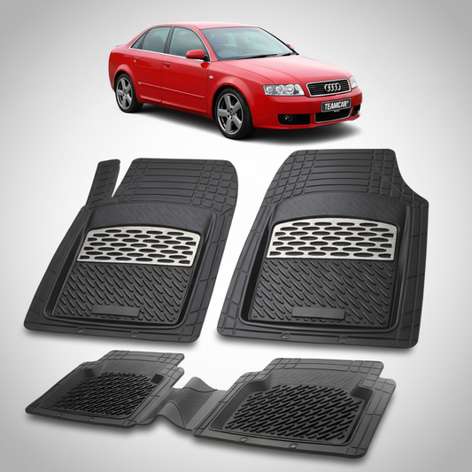 set de covorase din cauciuc negre cu accente gri cu un audi a4 b6 sedan rosu in fundal