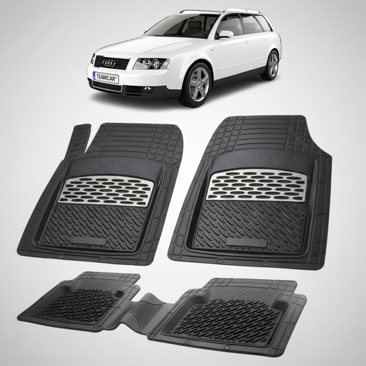 set de covorase din cauciuc negre cu accente gri cu un audi a4 b6 variant alb in fundal